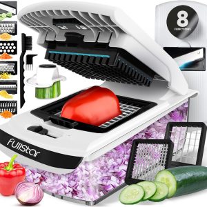 Vegetable Chopper & Mandoline Slicer with Container – Veggie Onion Salad Food Cutter Dicer – Julienne & Wavy Slicer – Grater Zester – Kitchen Tools Gadgets – Home Essentials (8-in-1 PRO White)